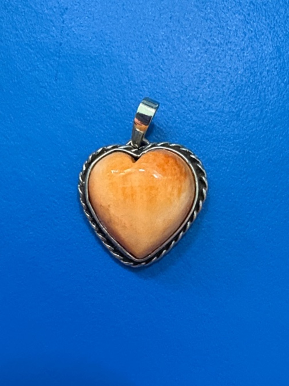 Navajo Made Signed N Heart Shaped Orange Spiny Sterling Silver Pendant